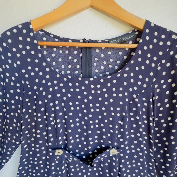 Vintage Betsey Johnson Mini Dress. Navy White Polka Dot Long Sleeve A Line Sz M - Picture 3 of 10
